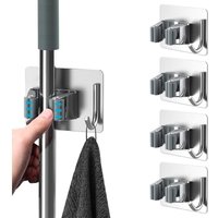 Ineasicer 4 Stück Mopphalter, Selbstklebender Wandmontierter Mopphalter Ohne Bohren, Mopphalter mit Haken für Küche Badezimmer Garten, Silber von RHAFAYRE