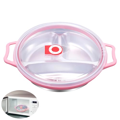 Kinderteller Baby Teller Menüteller mit Deckel Edelstahl 22CM Teller für Kinder Spülmaschinenfest und MikrowellenFest BPA-freier geteilter Teller für Heimkindergarten Schule (Rosa, 22CM) von RHBHY