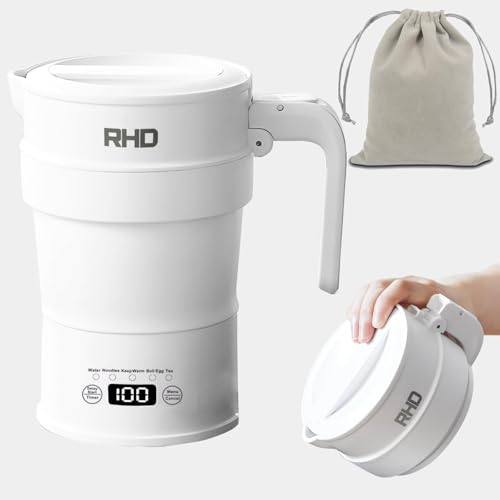 Faltbarer Reisewasserkocher Klein, Smart Camping Wasserkocher, 0.7L Tragbarer Heißwasserkocher mit Multifunktionstafel, 316 Edelstahlboden, Warmhaltefunktion und Startverzögerung, BPA-frei,1000W, Weiß von RHD