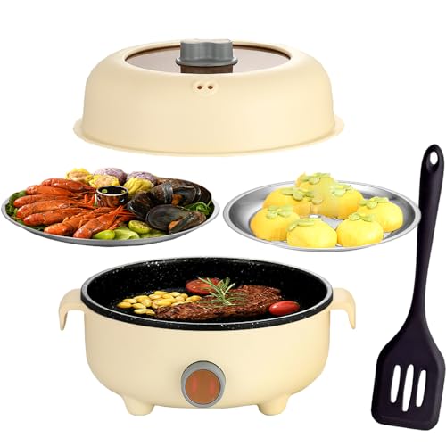 RHD Elektrischer Hot Pot 2.2L mit 2 Dämpfern, Tragbare Antihaft-Bratpfanne, Tragbarer Reisekocher für Braten/Ramen/Fondue/Suppe für Wohnheim/Camping/Haus, Duale Leistungsregelung, Überhitzungsschutz von RHD