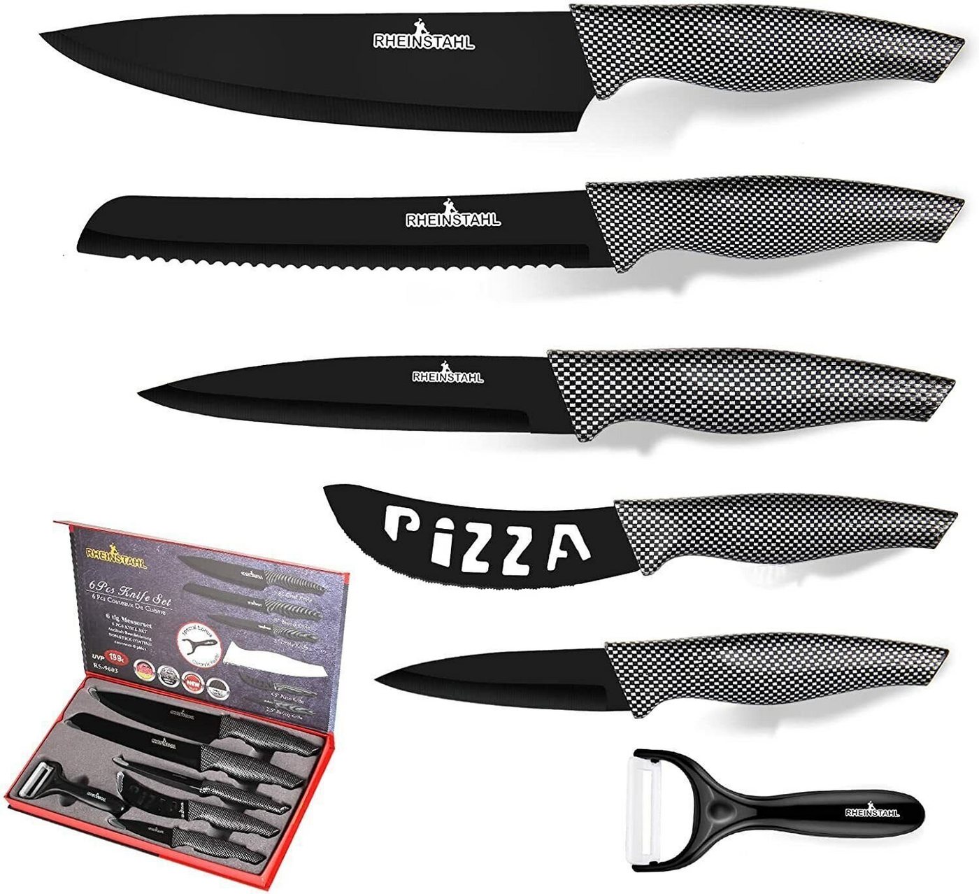 RHEINSTAHL Messer-Set 6-teilig- Edelstahl küchenmesser set mit Geschenkbox, Edelstahl + Antihaft, Profi knife set Messerset inkl. Schäler von RHEINSTAHL