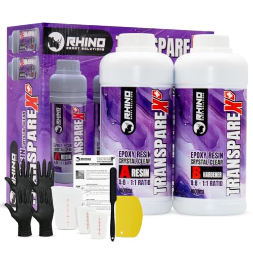 RHINO Smart Solutions TRANSPAREX+ 2000ml Epoxidharz Set 1:1 Resin 1.000ml Kristallklar mit Härter 1.000ml für Gießen Beschichtung DIY Malerei Handwerk Holz Deko Tischplatte | Ink Zubehör Kunstharz von RHINO Smart Solutions