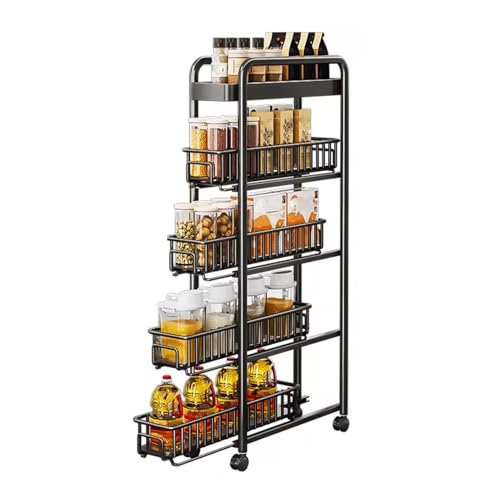 RHJOPL Schmaler Lagerwagen, Rollwagen aus Kohlenstoffstahl, 3–5 Ebenen, ausziehbar, schmal, ausziehbarer Küchenwagen for Enge Stellen in der Küchenwäsche(Black,107x40x22cm) von RHJOPL