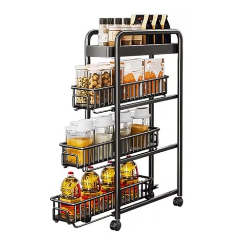 RHJOPL Schmaler Lagerwagen, Rollwagen aus Kohlenstoffstahl, 3–5 Ebenen, ausziehbar, schmal, ausziehbarer Küchenwagen for Enge Stellen in der Küchenwäsche(Black,90x40x20cm) von RHJOPL