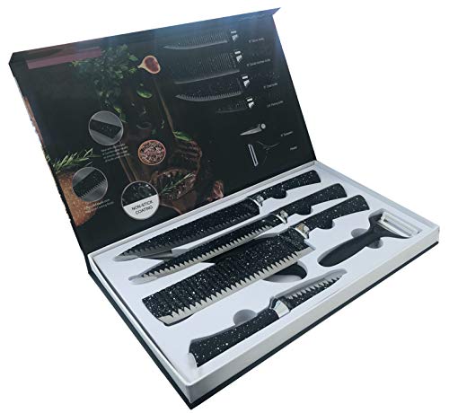 RHP 6tlg. Messer-Set + Sparschäler Kochmesser Fleischmesser Universalmesser Schälmesser Küchenschere Antibakteriell (Schwarz) von RHP
