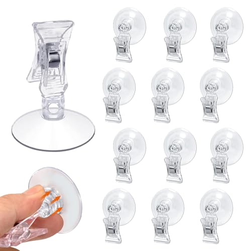RHQFDM 12 Stücke Saugnäpfe mit Klammern,Transparent Saugnapf Clips,Kunststoff Clip mit Runder Saugnapf,Wiederverwendbar Saugnapf Klammer,Geeignet für Lebensmittelgeschäfte,Aquarien,Küchen von RHQFDM