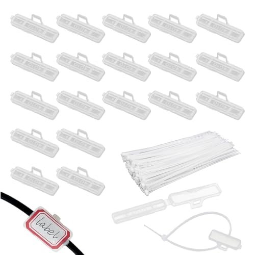 RHQFDM 40 Stück Kabeletiketten,Transparente Kabelkennzeichnung Clip,Wasserdichtes Kabeletiketten Erkennungsbox Mit 40Pcs Nylon Kabelbinder,zur Kennzeichnung und Sortierung von Kabeln Aller Art(4010) von RHQFDM