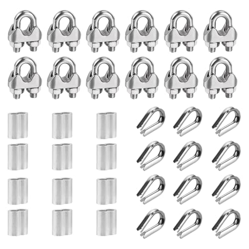 RHQFDM Drahtseilklemmen Set 12 Stück Drahtseilklemme M3,Seilklemme Edelstahl 304,Mit Aluminium Pressklemmen,Drahtseil Kauschen,Drahtseilklemmen zur Befestigung von Markisen und Trockengestellen von RHQFDM