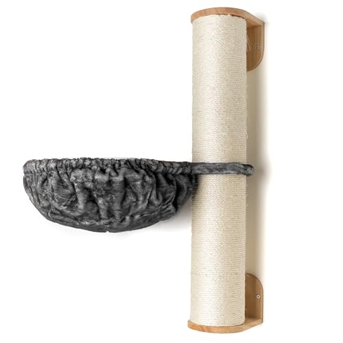 RHRQuality Wandmöbel Kletterwand Katze – Wand Sisalstamm XXL mit Hängematte 45Ø de Luxe – Belastbarkeit bis 20 kg – Für große Katzen – Mit luxuriöser Liegefläche – Dunkelgrau von RHRQUALITY