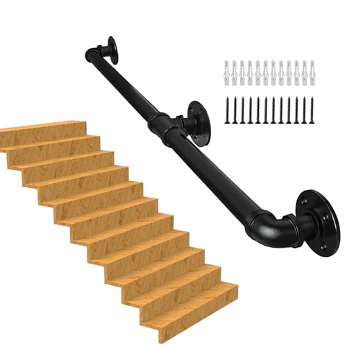 Handlauf Treppe, Rutschfester Treppengeländer Innen und Außen, Geländer Treppe Rohrförmiges Handfußgeländer,Wandhandlauf mit Zubehör Handlauf Schwarz Komplettset 1M (black, 2.5M) von RHSHANLICUN
