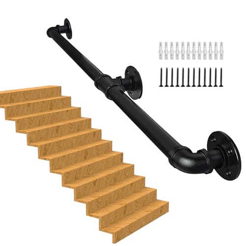 Handlauf Treppe, Rutschfester Treppengeländer Innen und Außen, Geländer Treppe Rohrförmiges Handfußgeländer,Wandhandlauf mit Zubehör Handlauf Schwarz Komplettset 1M (black, 2M) von RHSHANLICUN
