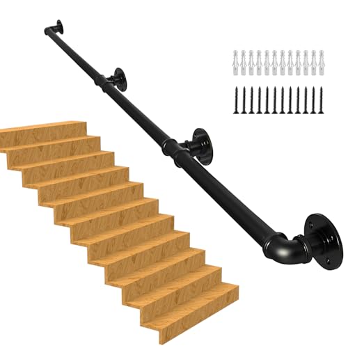 Handlauf Treppe, Rutschfester Treppengeländer Innen und Außen, Geländer Treppe Rohrförmiges Handfußgeländer,Wandhandlauf mit Zubehör Handlauf Schwarz Komplettset 1M (black, 3M) von RHSHANLICUN