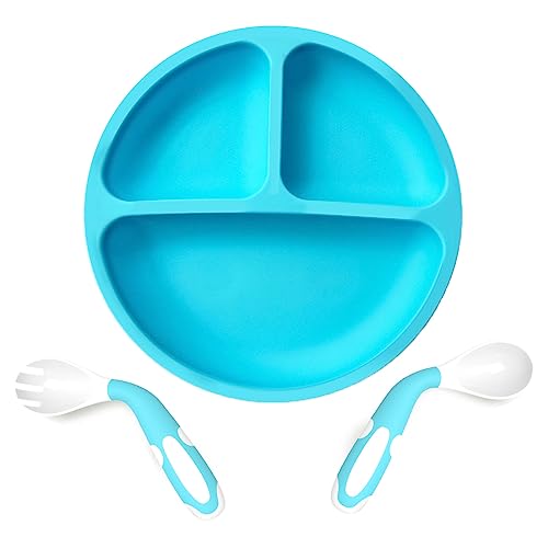 RHSHANLICUN Baby Teller mit Saugnapf Set,Silikon Kinderteller mit Löffel Gabel BPA Frei,Rutschfest Kleinkind mit Unterteilung,Kinder Geschirrset für Kinder Silikon Baby Teller mit Fächern (Blau) von RHSHANLICUN