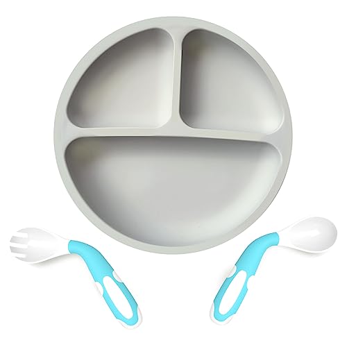 RHSHANLICUN Baby Teller mit Saugnapf Set,Silikon Kinderteller mit Löffel Gabel BPA Frei,Rutschfest Kleinkind mit Unterteilung,Kinder Geschirrset für Kinder Silikon Baby Teller mit Fächern (Grau) von RHSHANLICUN