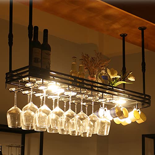 Industrielles hängendes Weinregal mit Lichtern, verstellbares Weinglasregal an der Decke, Flaschenhalter aus Metall zur Wandmontage, Weinregal 80/100/120 cm von RHYDM