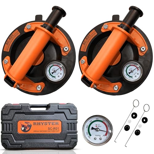 RHYSTER® 2 x Saugheber Fliesenheber mit Sicherheitsmessgerät, Glassauger – Durchmesser 200 mm – hält bis zu 300 kg – Ideal für Fliesen, Scheiben, Windschutzscheibe, Möbel – Ventil-Ersatzkit von RHYSTER