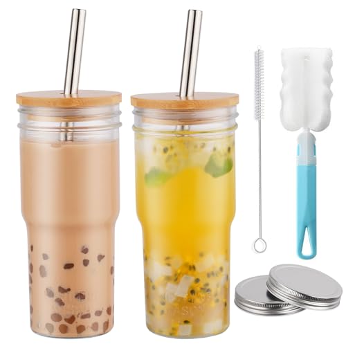 RHtvrll 2 Stück Bubble Gläser mit Deckel und Strohhalm, 22 Oz Bubble Tea Becher Wiederverwendbare Mason Jar Trinkgläser für Saft, Tea, Bier, Smoothie-Trinken von RHtvrll