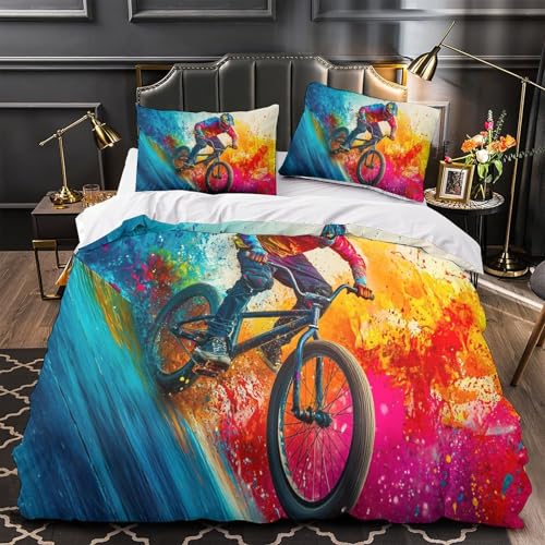 RIAVBAODG 3D BMX-Fahrer Bedrucktes Bettwäsche Set Extremsportarten 3 Teilig Bettbezug Kopfkissenbezug Luxus Modern Für Geschenke Zimmer Deko Für Erwachsene Und Kinder Single（140x200cm） von RIAVBAODG