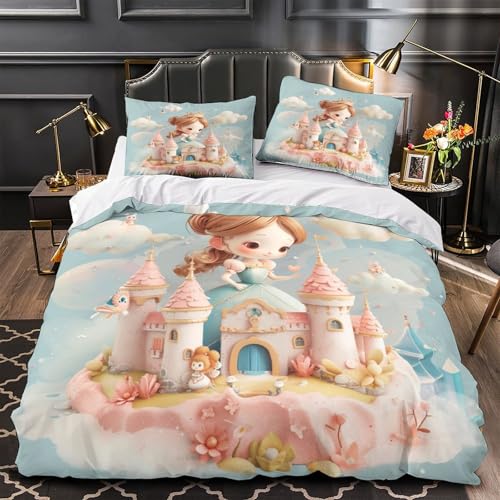 RIAVBAODG 3D Drucken Bettwäsche Set Prinzessinnen-Rosa Schloss 3 Teilig 100% Mikrofaser Bettbezug Für Geschenke Zimmer Deko Luxus Modern Reißverschluss Für Erwachsene Und Kinder Single（140x200cm） von RIAVBAODG
