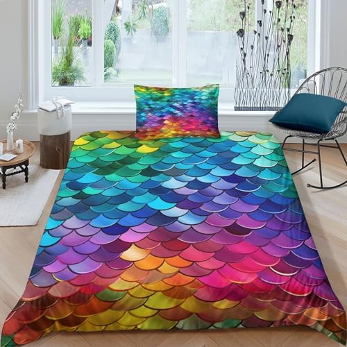 RIAVBAODG 3D Schimmernde Schuppen Bedrucktes Bettwäsche Set Regenbogen Scales 2 Teilig Microfaser Kuschelig Bettbezug Mit Reißverschluss Luxus Modern Für Erwachsene Und Kinder Single（135x200cm） von RIAVBAODG