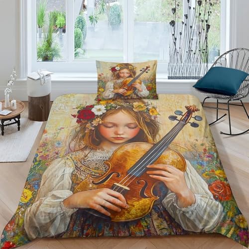 RIAVBAODG Prinzessin 3D Drucken Bettwäsche Set Geige 2 Teilig Microfaser Kuschelig Bettbezug Mit Reißverschluss Bettwäsche Bettbezug Für Jungen Mädchen Single（135x200cm） von RIAVBAODG