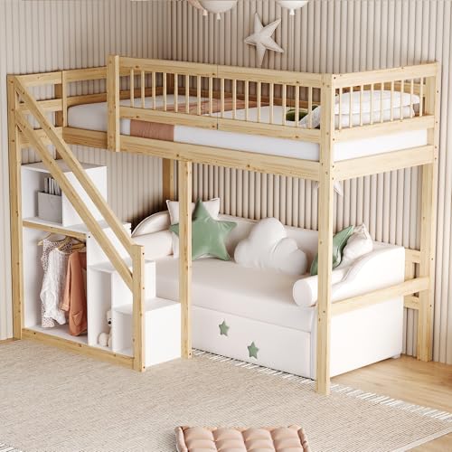 Kinderbett 90x200 cm, Hochbett mit Treppe und Regale, Funktionsbett Etagenbett mit Kleiderstange, Stockbett Spielbett Jugendbett, Natur, ohne Matratze Kinderbett 90x200 cm, Hochbett mit Treppe und Regale, Funktionsbett Etagenbett mit Kleiderstange, Stockbett Spielbett Jugendbett, Natur, ohne Matratze von RIAZOS