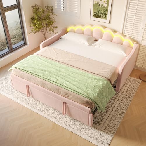 Polsterbett Schlafsofa 90/180 x 200 cm, Einzelbett mit LED Rückenlehne, Ausziehbares Tagesbett, Multifunktionsbett Gästebett, Doppelbett, Samt, Daybett ohne Matratze, Rosa Polsterbett Schlafsofa 90/180 x 200 cm, Einzelbett mit LED Rückenlehne, Ausziehbares Tagesbett, Multifunktionsbett Gästebett, Doppelbett, Samt, Daybett ohne Matratze, Rosa von RIAZOS