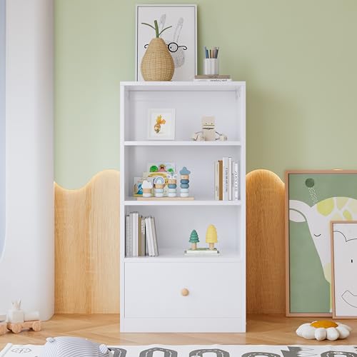 RIAZOS Bücherregal, Regal mit DREI Einlegeböden und Einer Schublade, geräuschlosen Gleitern, Schlafzimmer, Wohnzimmer, MDF, Weiß RIAZOS Bücherregal, Regal mit DREI Einlegeböden und Einer Schublade, geräuschlosen Gleitern, Schlafzimmer, Wohnzimmer, MDF, Weiß von RIAZOS
