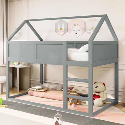 RIAZOS Kinderbett 90x200 cm, Etagenbett für 2 Kinder, Hochbett mit Rausfallschutz, Massivholz Einzelbett Stockbett Spielbett Jugendbett, 1 Lattenrost, ohne Matratze, Grau RIAZOS Kinderbett 90x200 cm, Etagenbett für 2 Kinder, Hochbett mit Rausfallschutz, Massivholz Einzelbett Stockbett Spielbett Jugendbett, 1 Lattenrost, ohne Matratze, Grau von RIAZOS