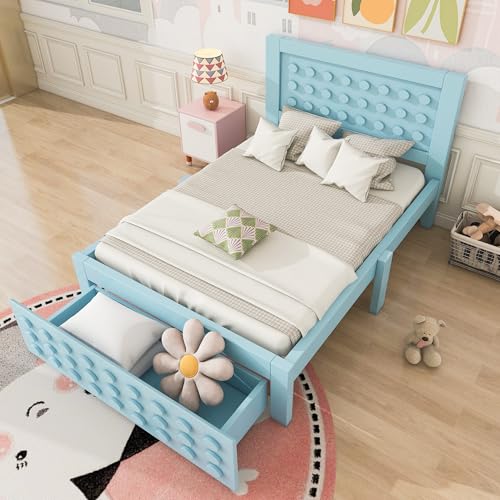 RIAZOS Kinderbett Einzelbett 90x200 cm, Holzbett mit Schublade & Unterm Bett Stauraum, Kopfteil mit Kreativem Block Design, Massivholz Bettgestell mit Lattenrost, Jugendbett, Blau, Ohne Matratze RIAZOS Kinderbett Einzelbett 90x200 cm, Holzbett mit Schublade & Unterm Bett Stauraum, Kopfteil mit Kreativem Block Design, Massivholz Bettgestell mit Lattenrost, Jugendbett, Blau, Ohne Matratze von RIAZOS