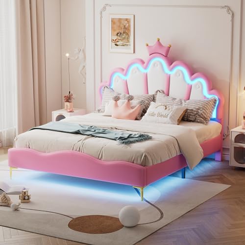RIAZOS Kinderbett Polsterbett 140x200, Kronenförmiges Prinzessinnenbett, Bettgestell für Mädchen, mit Verstellbares Kopfteil, Doppelbett mit LED und Lattenrost, PU-Leder, Rosa, ohne Matratze RIAZOS Kinderbett Polsterbett 140x200, Kronenförmiges Prinzessinnenbett, Bettgestell für Mädchen, mit Verstellbares Kopfteil, Doppelbett mit LED und Lattenrost, PU-Leder, Rosa, ohne Matratze von RIAZOS