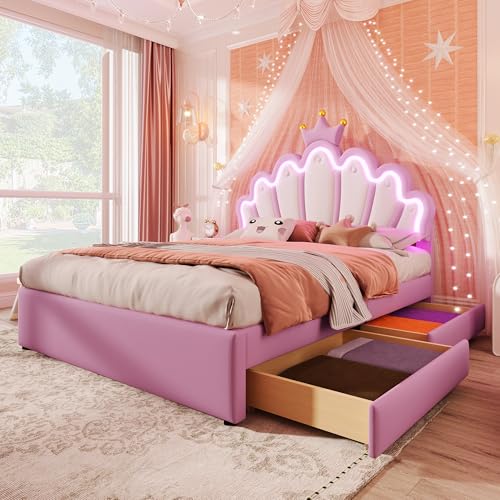 RIAZOS Kinderbett Polsterbett 140x200, Kronenförmiges Prinzessinnenbett, Doppelbett mit LED und 2 Schubladen, Bettgestell für Mädchen, mit Verstellbares Kopfteil, PU-Leder, Rosa, ohne Matratze RIAZOS Kinderbett Polsterbett 140x200, Kronenförmiges Prinzessinnenbett, Doppelbett mit LED und 2 Schubladen, Bettgestell für Mädchen, mit Verstellbares Kopfteil, PU-Leder, Rosa, ohne Matratze von RIAZOS