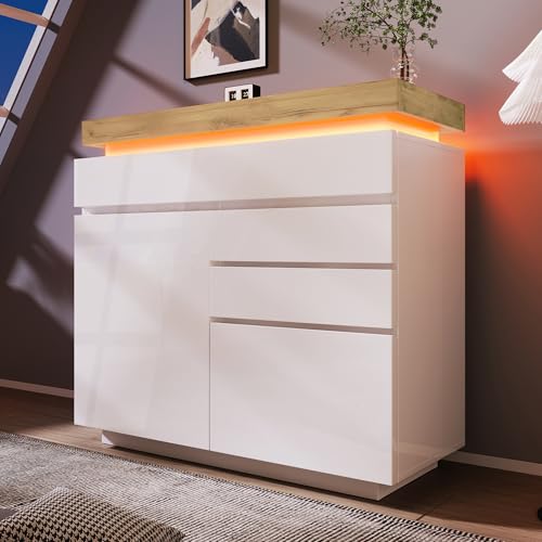 RIAZOS Kommode Hochglanz Sideboard mit 2 Türen und 3 Schubladen, LED Licht (App Control), Mehrzweckschrank für Wohnzimmer und Schlafzimmer, 115x110x39 cm, Weiß von RIAZOS