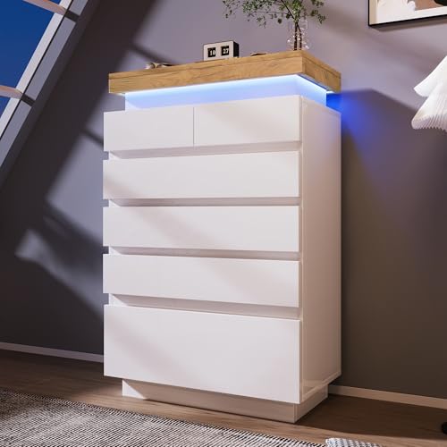 RIAZOS Kommode Hochglanz Sideboard mit 6 Schubladen, LED Licht (App Control), Mehrzweckschrank für Wohnzimmer und Schlafzimmer, 115x73x39 cm, Weiß von RIAZOS