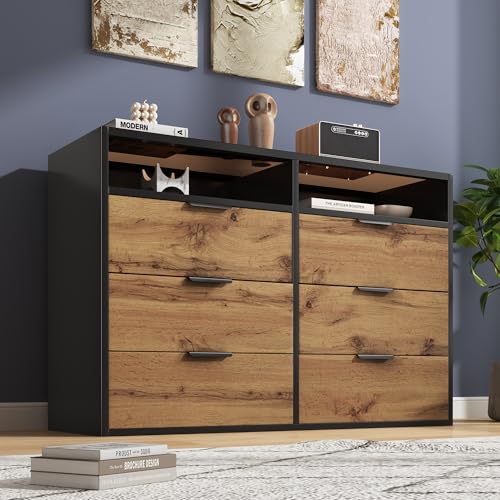 RIAZOS Kommode Sideboard aus Bernstein Glas, Sideboard mit Metallgriffen, Kommode mit 6 Schubladen und 2 Fächern, Kippsicher, 120x40x80 cm, Eiche RIAZOS Kommode Sideboard aus Bernstein Glas, Sideboard mit Metallgriffen, Kommode mit 6 Schubladen und 2 Fächern, Kippsicher, 120x40x80 cm, Eiche von RIAZOS