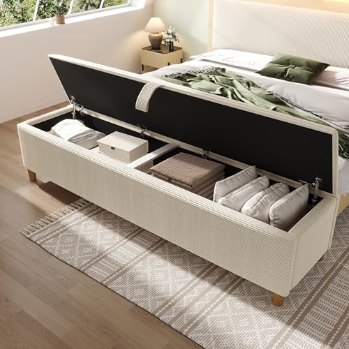RIAZOS Polsterbank mit Hydraulischem Stauraum, 175 x 38 x 46 cm Aufbewahrungsbox, Bettbank Sitzbank für Flur, Wohnzimmer, Schlafzimmer, Cordstoff, Beige von RIAZOS
