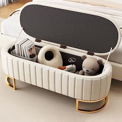 RIAZOS Polsterbank mit Stauraum, Samt Aufbewahrungsbox, Schlafkoffer Fußbank Sofabank Sitzbank für Flur, Wohnzimmer, Schlafzimmer, 120 x 39.9 x 41.9 cm, Beige von RIAZOS