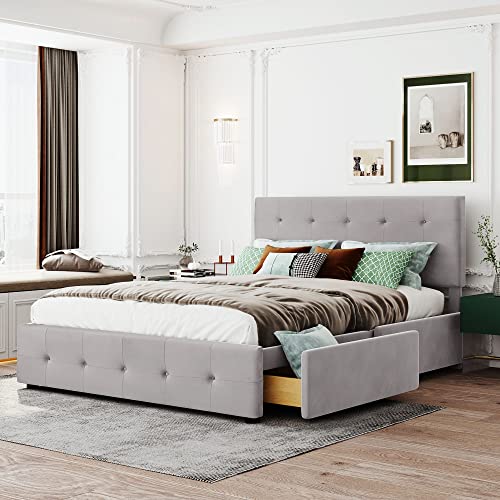 RIAZOS Polsterbett 140 x 200 cm, Doppelbett mit 4 Schubladen, Lattenrost und Rückenlehne, Bettgestell für Erwachsene & Jugendliche, ohne Matratze, Samt, Grau von RIAZOS