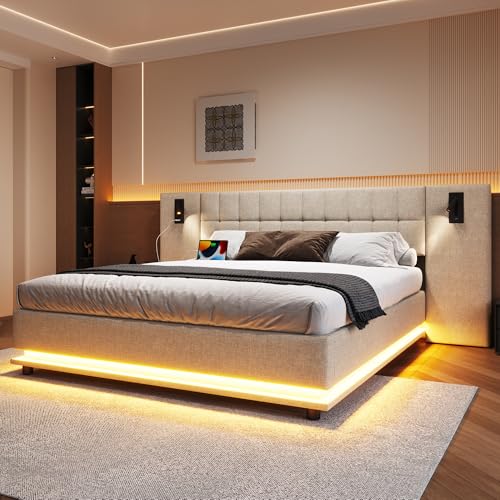 RIAZOS Polsterbett 140x200 cm, Doppelbett mit LED USB, Langem Kopfteil mit Spot, Jugendbett, Erwachsenenbett, Bettgestell mit Lattenrost, Leinen, Beige, ohne Matratze von RIAZOS