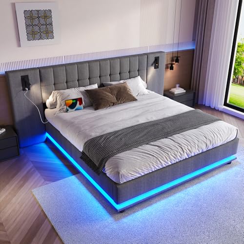 RIAZOS Polsterbett 140x200 cm, Doppelbett mit LED USB, Langem Kopfteil mit Spot, Jugendbett, Erwachsenenbett, Bettgestell mit Lattenrost, Leinen, Grau, ohne Matratze von RIAZOS