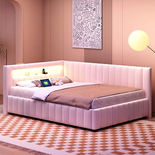 RIAZOS Polsterbett 140x200 mit LED und USB-Anschluss, Doppelbett Bettgestell mit Lattenrost, Tagesbett Schlafsofa Samtstoff Bettsofa Gästebett Jugendbett, ohne Matratze Beige von RIAZOS