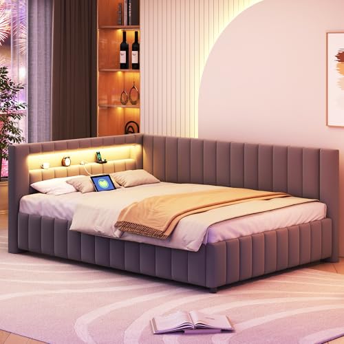RIAZOS Polsterbett 140x200 mit LED und USB-Anschluss, Doppelbett Bettgestell mit Lattenrost, Tagesbett Schlafsofa Samtstoff Bettsofa Gästebett Jugendbett, ohne Matratze Grau RIAZOS Polsterbett 140x200 mit LED und USB-Anschluss, Doppelbett Bettgestell mit Lattenrost, Tagesbett Schlafsofa Samtstoff Bettsofa Gästebett Jugendbett, ohne Matratze Grau von RIAZOS