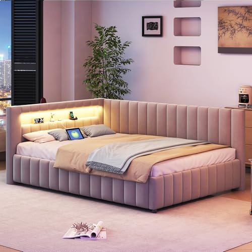 RIAZOS Polsterbett 140x200 mit LED und USB-Anschluss, Doppelbett Bettgestell mit Lattenrost, Tagesbett Schlafsofa Samtstoff Bettsofa Gästebett Jugendbett, ohne Matratze hellgrau von RIAZOS
