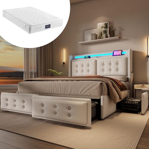 RIAZOS Polsterbett 160x200, Doppelbett mit Led-Kopfteil und USB C Ladefunktion und 4 Schubladen, Stauraumbett mit Lattenrost, Beige, Baumwolle (mit Matratze) von RIAZOS