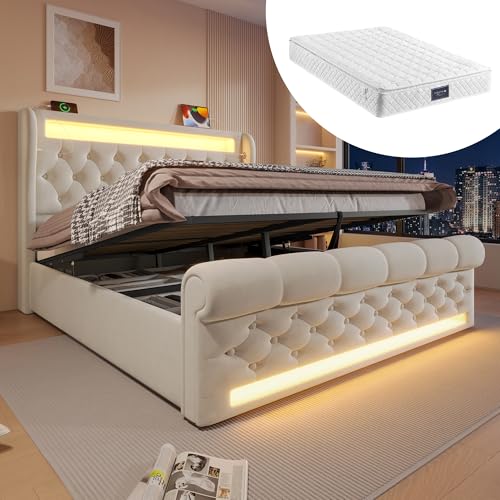 RIAZOS Polsterbett 160x200 cm, Doppelbett mit LED-Leuchten, Kopfteil mit USB- und Typ-C-Anschlüssen, Hydraulisches Stauraumbett, für Jugendliche und Erwachsene, Samt, Beige (mit Matratze) von RIAZOS