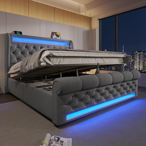 RIAZOS Polsterbett 160x200 cm, Doppelbett mit LED-Leuchten, Kopfteil mit USB- und Typ-C-Anschlüssen, Hydraulisches Stauraumbett, für Jugendliche und Erwachsene, Samt, Grau (mit Matratze) von RIAZOS