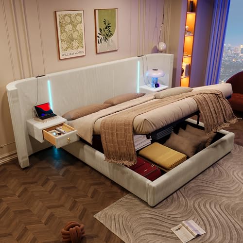 RIAZOS Polsterbett 180x200 cm, Doppelbett mit Hydraulischer Stauraum, Gebogenes Kopfteil mit LED USB, Nachttisch mit Schublade, Jugendbett Erwachsenenbett, Samt, Beige, ohne Matratze von RIAZOS