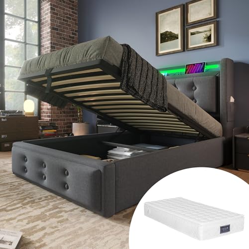 RIAZOS Polsterbett 90x200, Einzelbett mit Led-Kopfteil und USB C Ladefunktion, Hydraulisches Bett mit Lattenrost, Grau, Baumwolle (mit Matratze) von RIAZOS