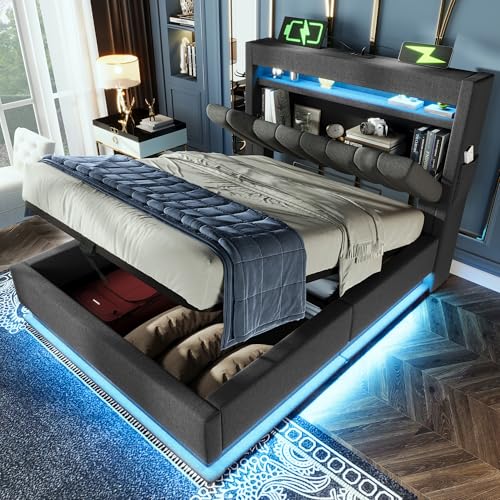 RIAZOS Polsterbett 90x200 cm, Stauraum-Kopfteil mit USB- und Typ-C Ladefunktion, Einzelbett mit Hydraulischem Stauraum, Bettgeltell mit LED und Lattenrost, Leinen, Grau, ohne Matratze RIAZOS Polsterbett 90x200 cm, Stauraum-Kopfteil mit USB- und Typ-C Ladefunktion, Einzelbett mit Hydraulischem Stauraum, Bettgeltell mit LED und Lattenrost, Leinen, Grau, ohne Matratze von RIAZOS