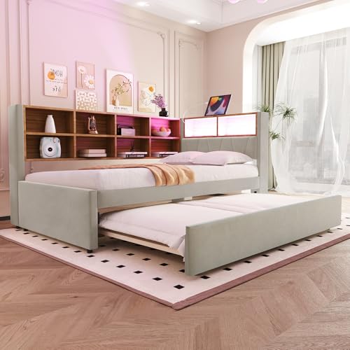 RIAZOS Polsterbett Daybett 90x200, Schlafsofa mit 90x190 Ausziehbett, Einzelbett mit LED Leuchten, Steckdosen und Ablagefächern, Multifunktionsschlafsofa, Bettgestell, Flanell, Hellgrau von RIAZOS